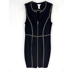 Cache Black Studded Faux Leather Trim Zip Front Sheath Dress Womens 10